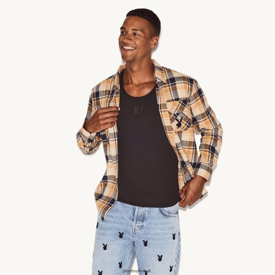 Playboy رجال قميص الفانيلا بأكمام طويلة R820R311 ملابس تان منقوشة