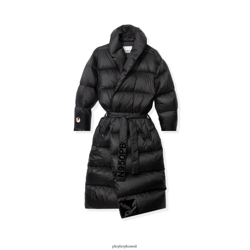 Playboy رجال سترة منتفخة طويلة بحزام R820R441 ملابس أسود