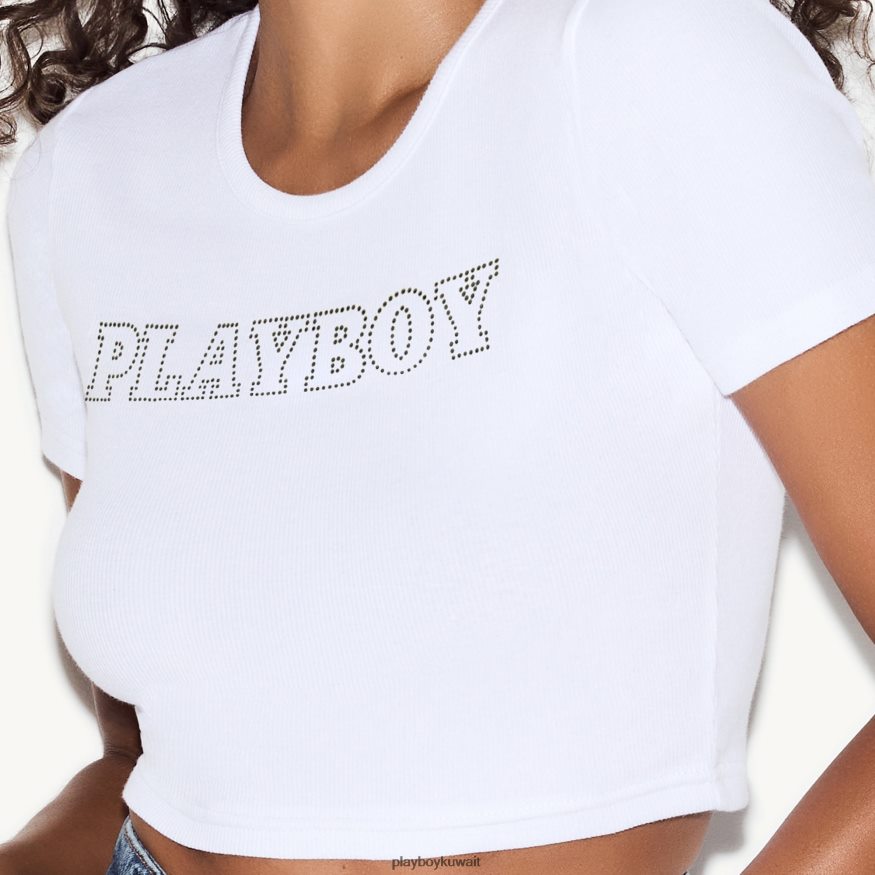 Playboy نحيف تي شيرت أطفال كلاسيكي من حجر الراين R820R954 ملابس أبيض