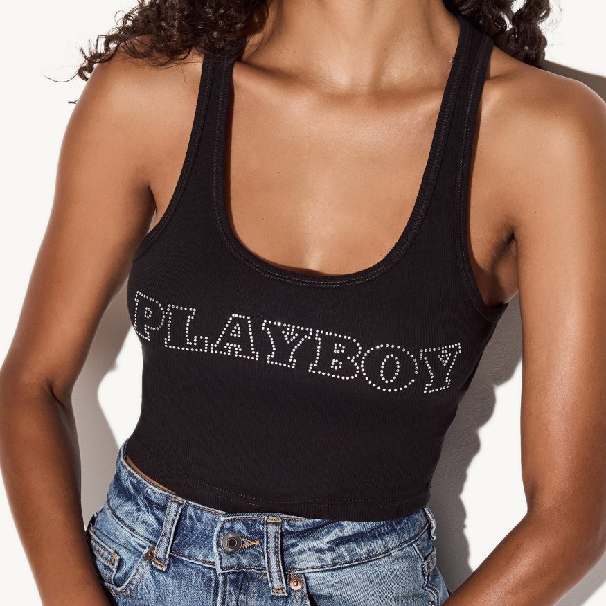 Playboy نحيف حجر الراين الصاري خزان Racerback R820R979 ملابس أسود