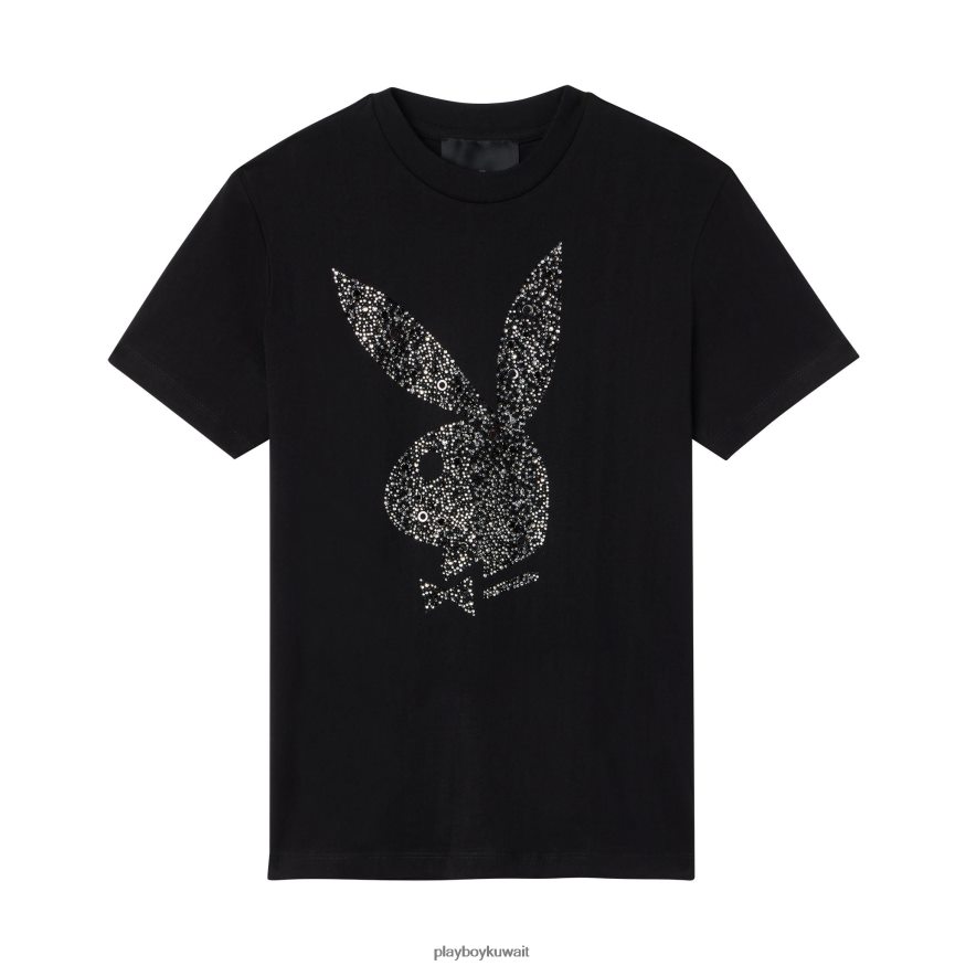 Playboy x John Richmond رجال تي شيرت برأس أرنب من حجر الراين R820R289 ملابس أسود