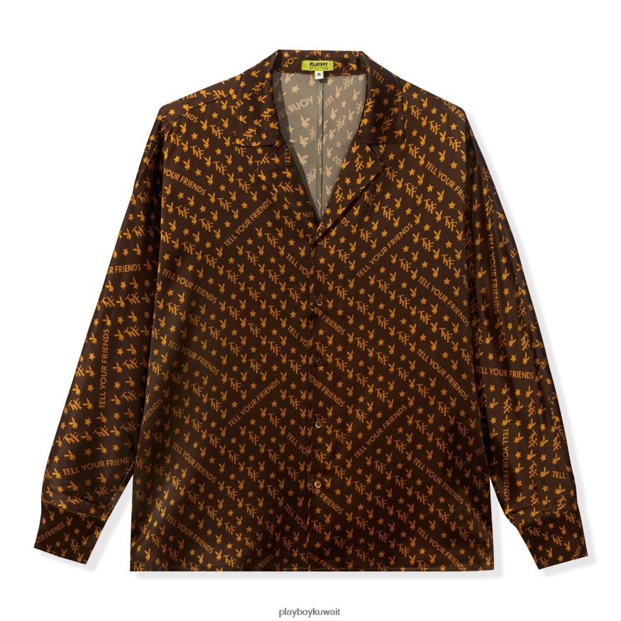 Playboy x Revolve نحيف قميص حرير أرنب صغير R820R1044 ملابس بني