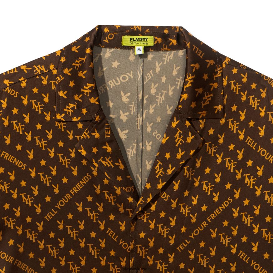 Playboy x Revolve نحيف قميص حرير أرنب صغير R820R1044 ملابس بني